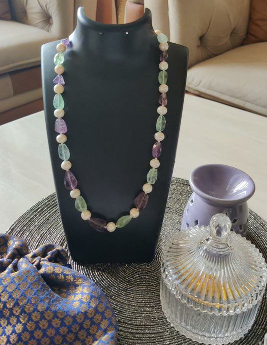 Amethyst And Flourite Maala With Real pearl Tumble with Pearl(23inch)