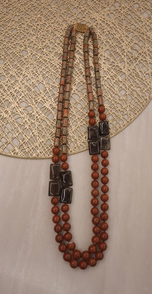 Unakite Smoky And Red Jasper Neckpiece (26"Double Layer)