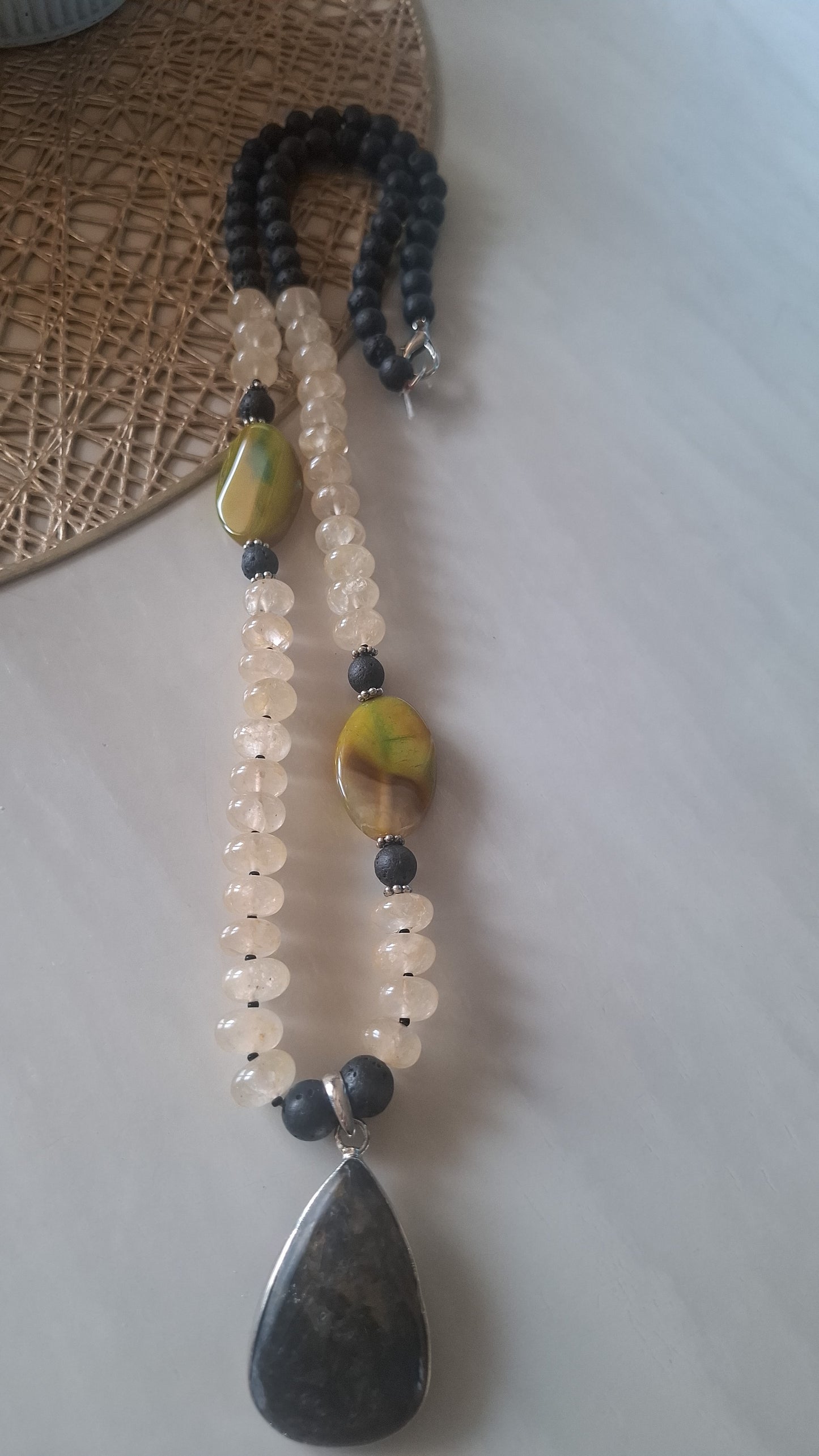 Yellow Aventurine And lava Maala with Calcedony And Agate Pendent (30inch)