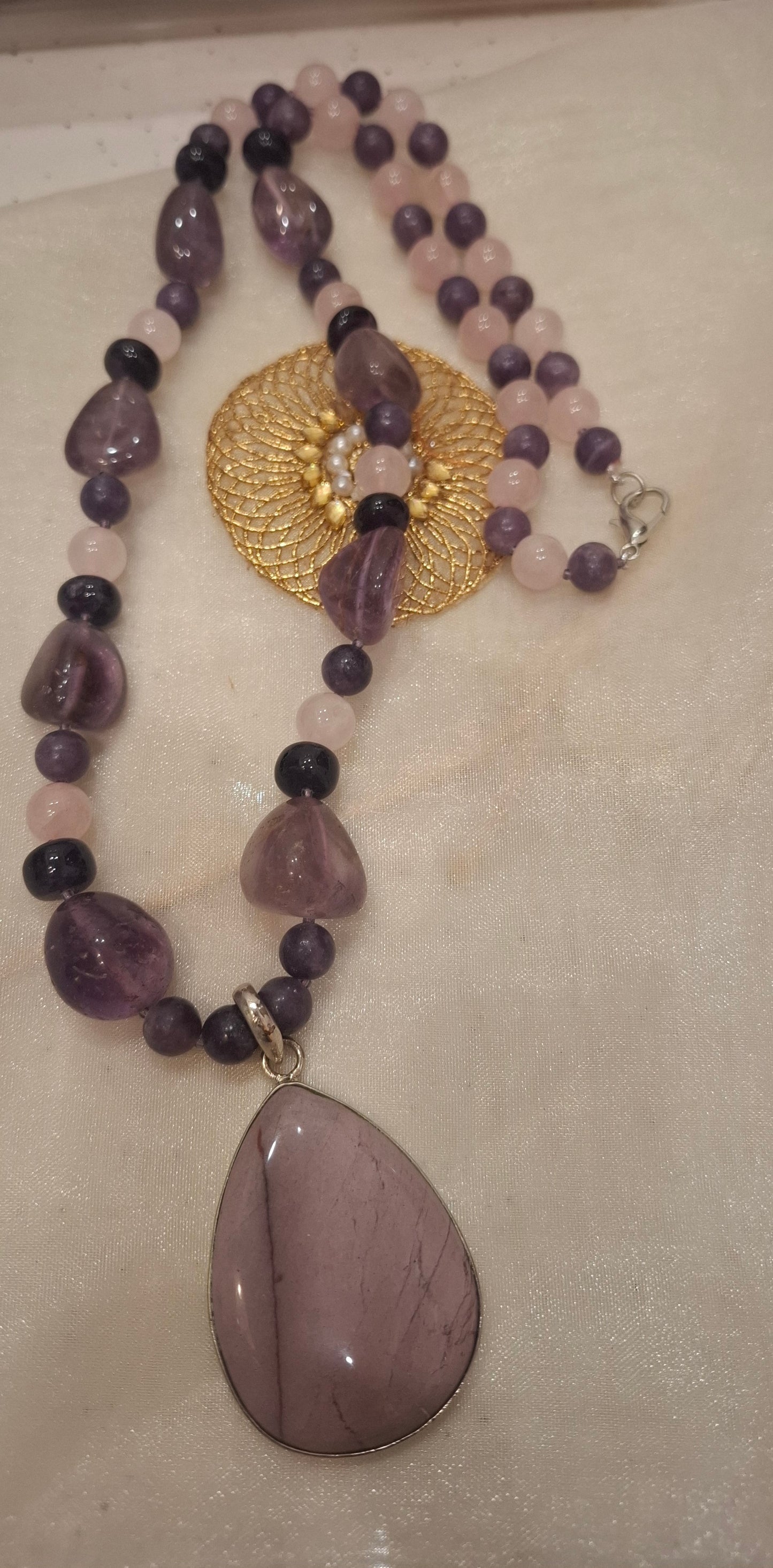 Rose Quartz  And Amethyst  Neckpiece  With pendent [30inch]