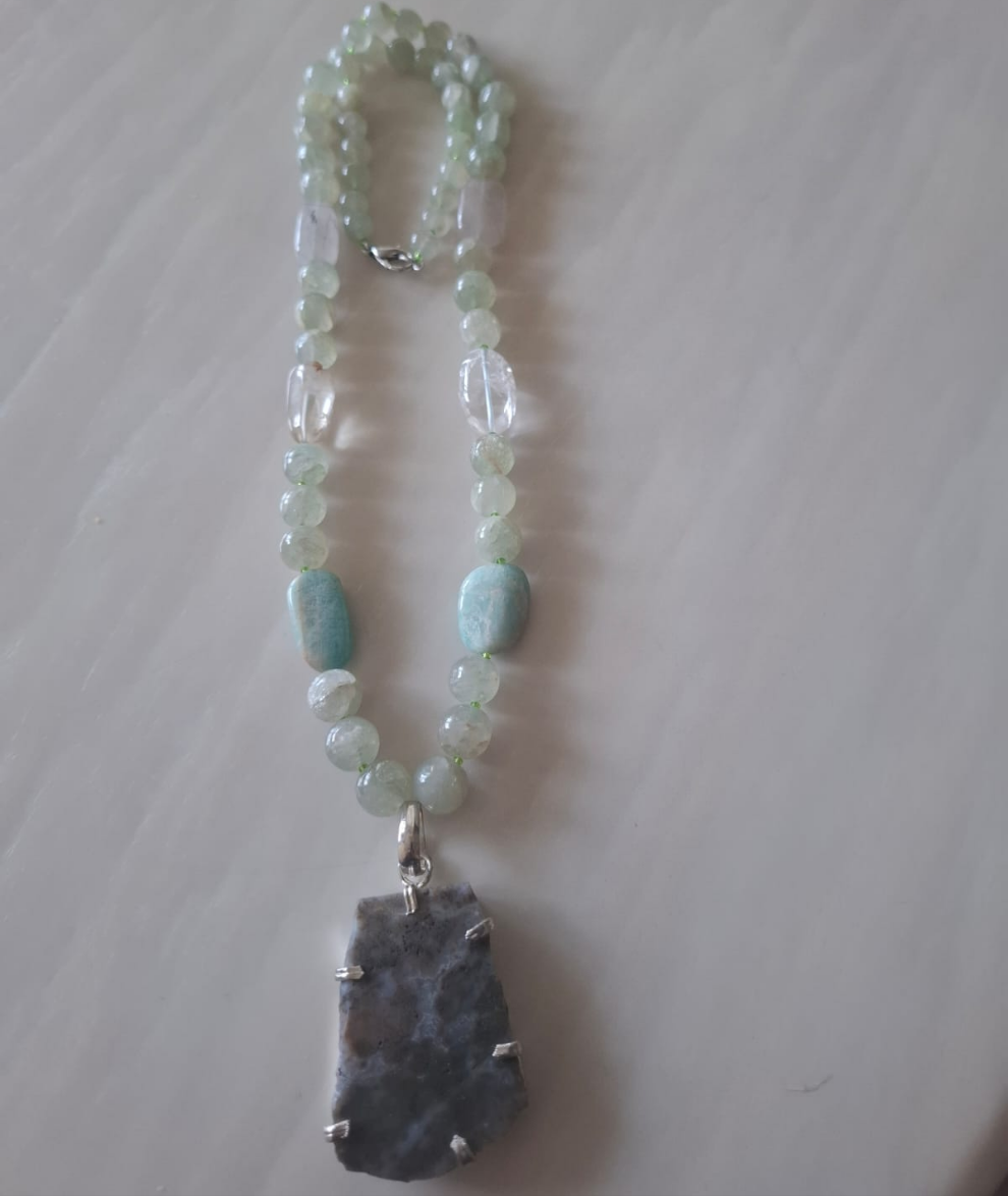 Green Aventurine Amzonite Neckpiece  With Moss Agate Pendent (30 inches)