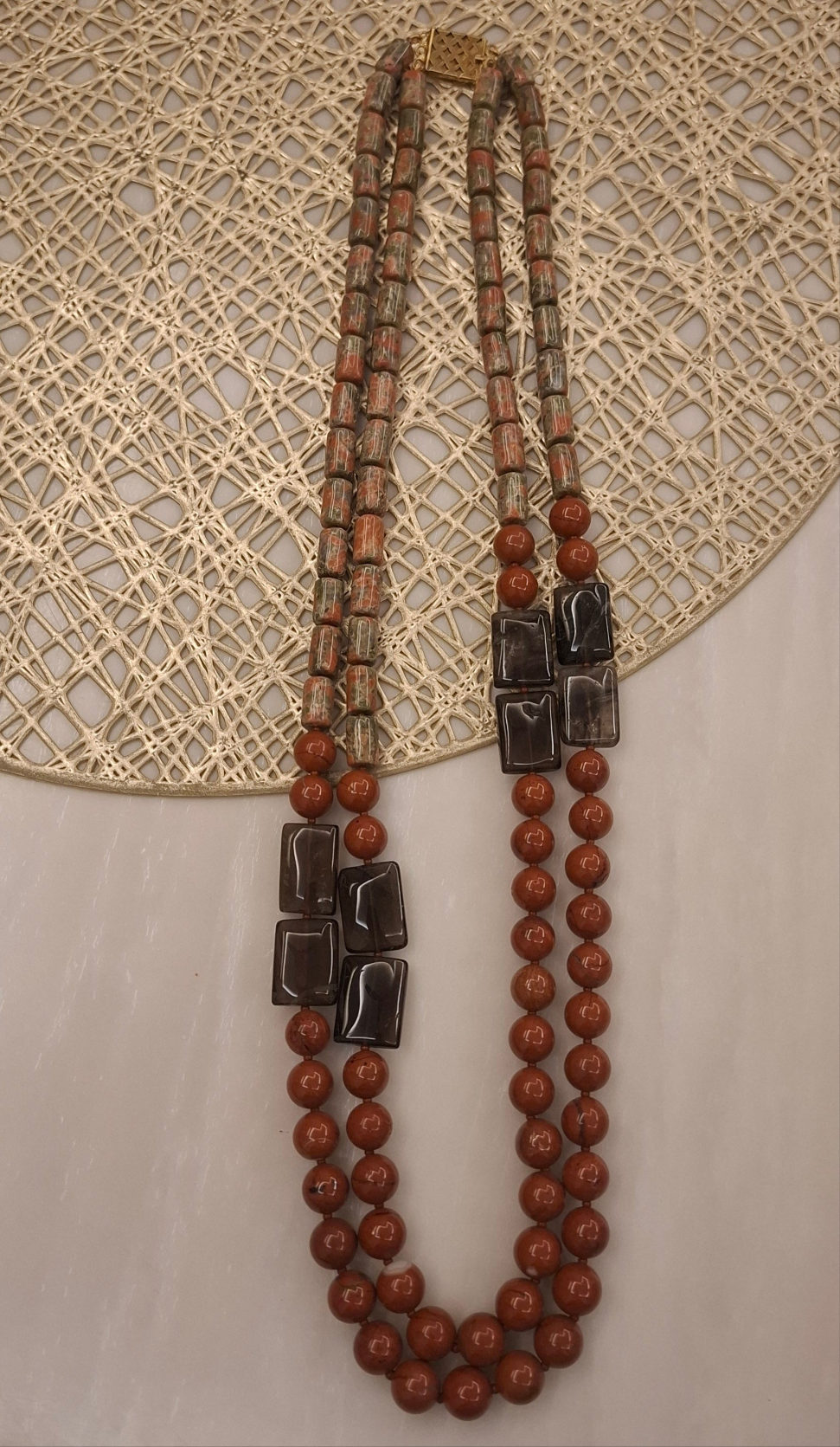 Unakite Smoky And Red Jasper Neckpiece (26"Double Layer)