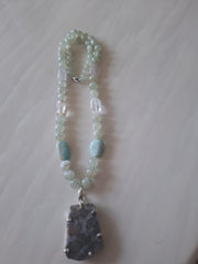 Green Aventurine Amzonite Neckpiece  With Moss Agate Pendent (30 inches)