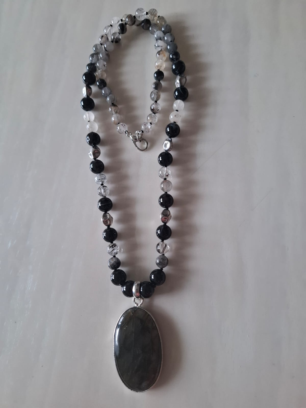 Smoky Quartz  Tourmalinated Quartz Neckpiece With Hakik Pendent [30 inch)