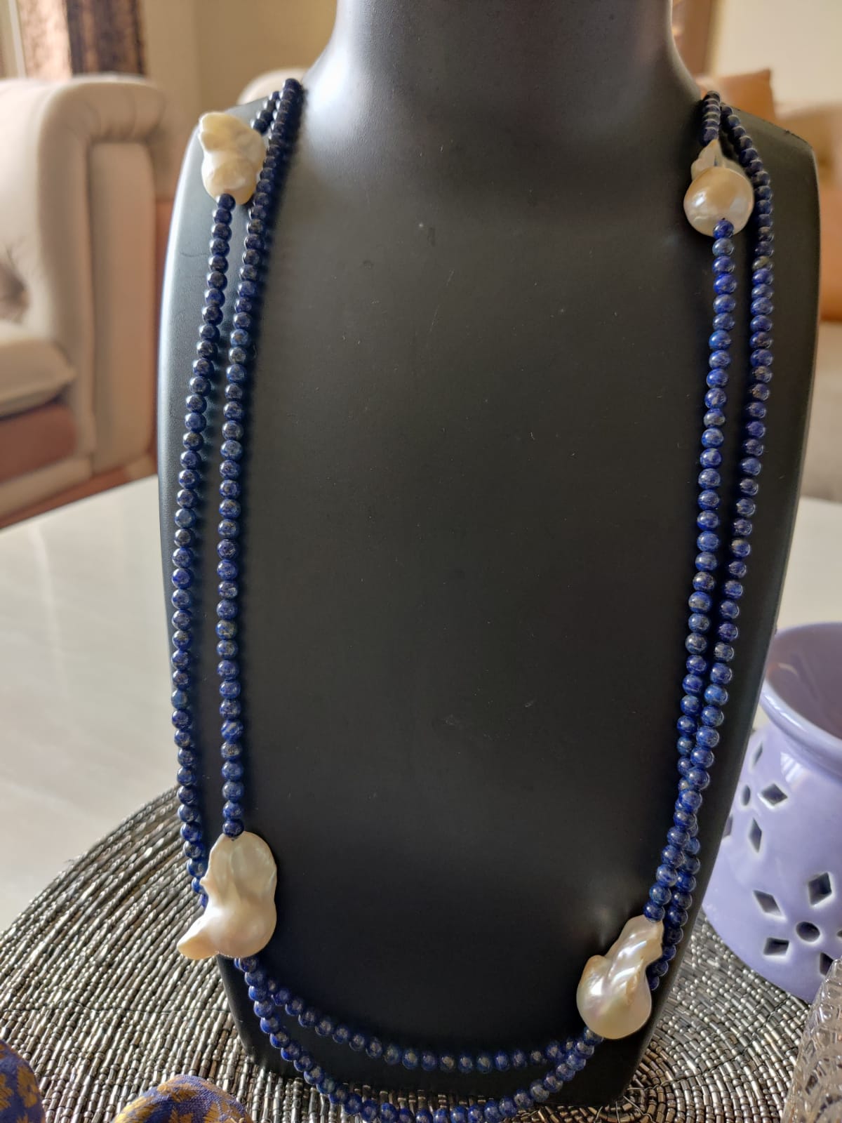 Lapiz Lazuli With Barouque Pearl Long Mala (Double layer 36 inch)r