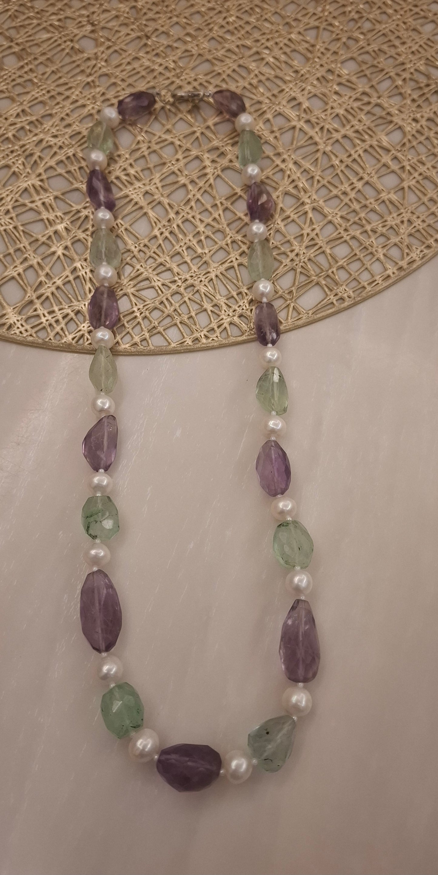 Amethyst And Flourite Maala With Real pearl Tumble with Pearl(23inch)