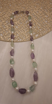 Amethyst And Flourite Maala With Real pearl Tumble with Pearl(23inch)