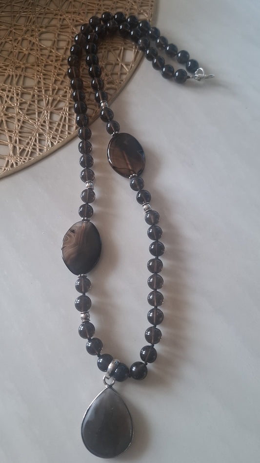Smoky Quartz Maala with Calcedony And Smoky quartz  Pendent (30inch)