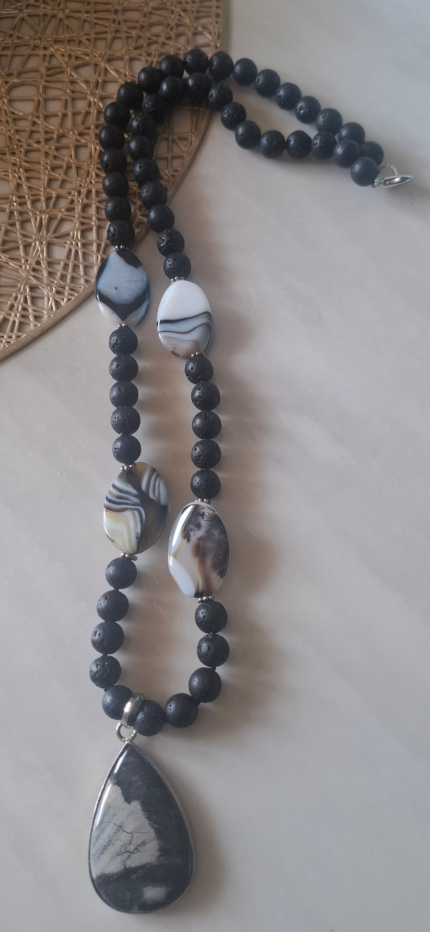 Lava Stone Maala with calcedony Agate And Hypostine