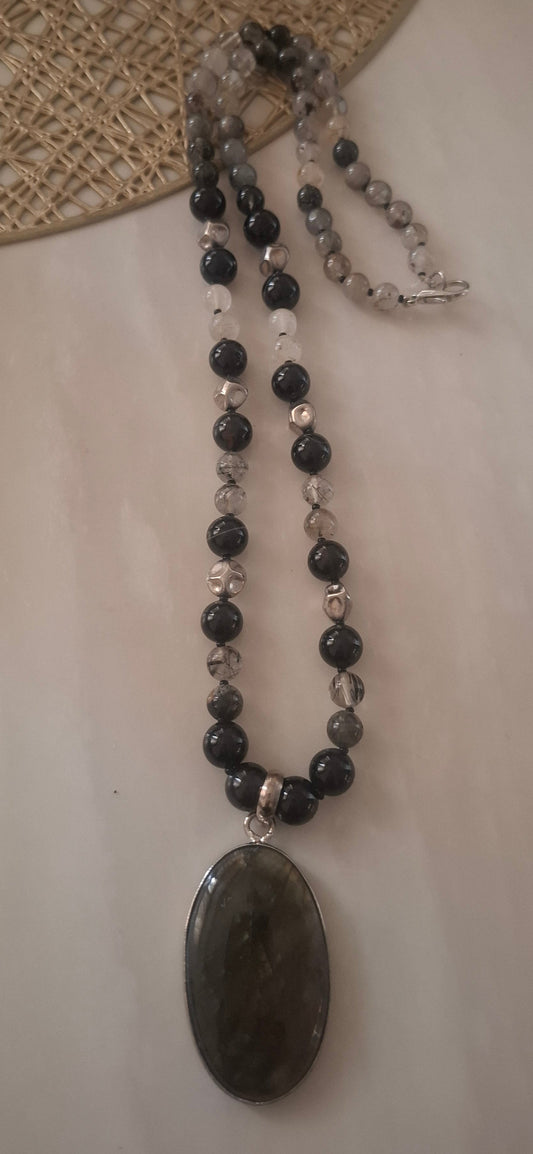 Black Obsedian And Rutilite Maala with labrodorite  Pendent