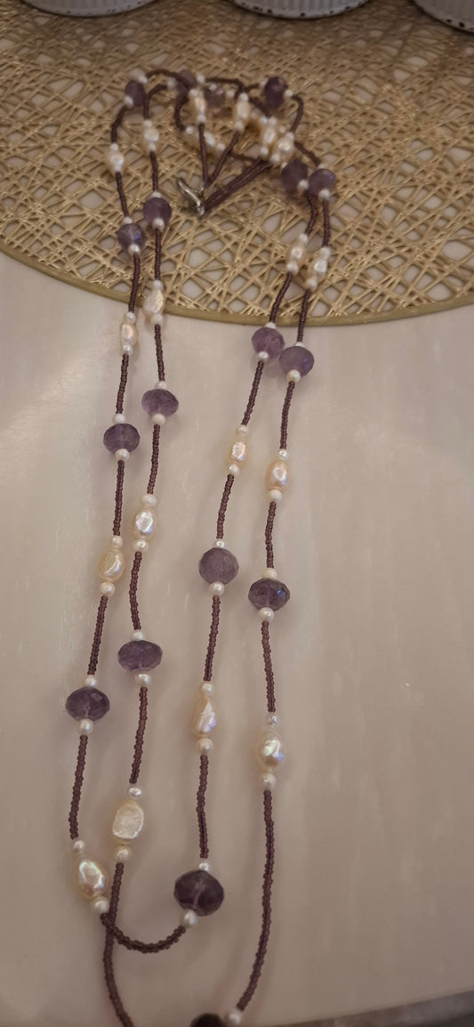 Amethyst  and Pearl Double layer Long Maala(34")100%original