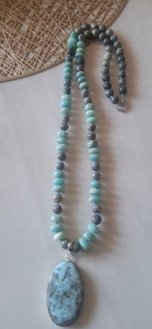 Amzonite Maala With Larimar Pendent (30inch)