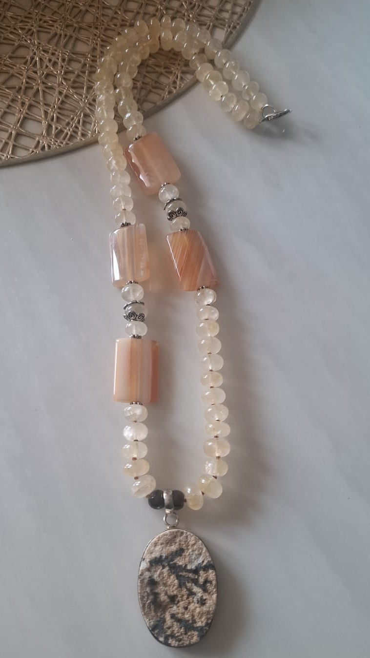 Yellow Aventurine Maala  With Calcedony And petrified wood Pendent [30inch]